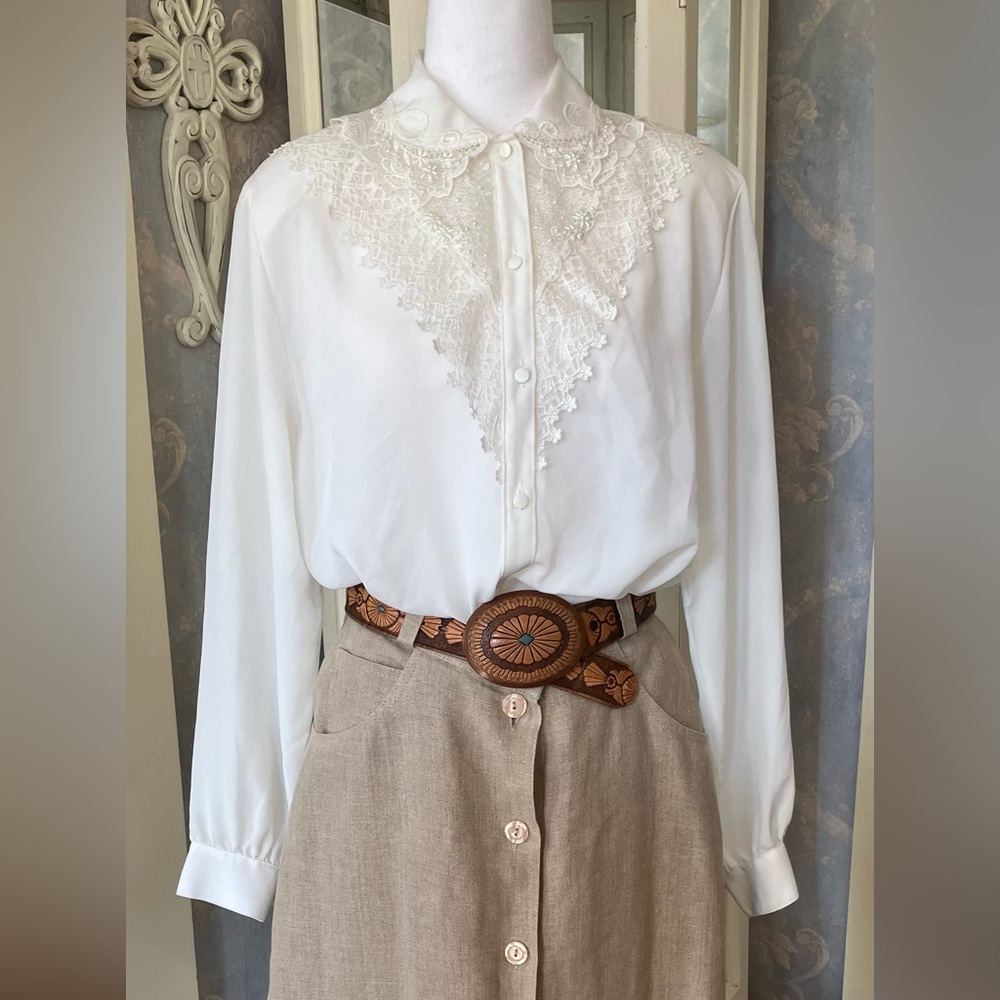 Vintage Ivory Blouse with Beaded Lace Collar 80s 90s